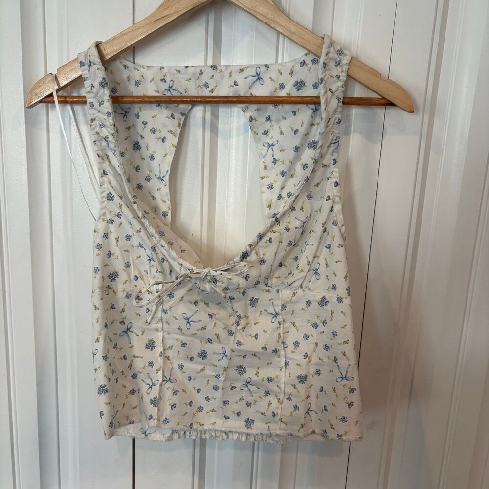Self Esteem White And Blue Floral And Bow Tank‎ Crop Top Size Small